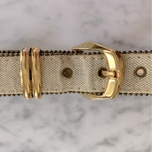 Canvas tan belt with little gold balls around edge and gold buckle   size 29” - Picture 3 of 6